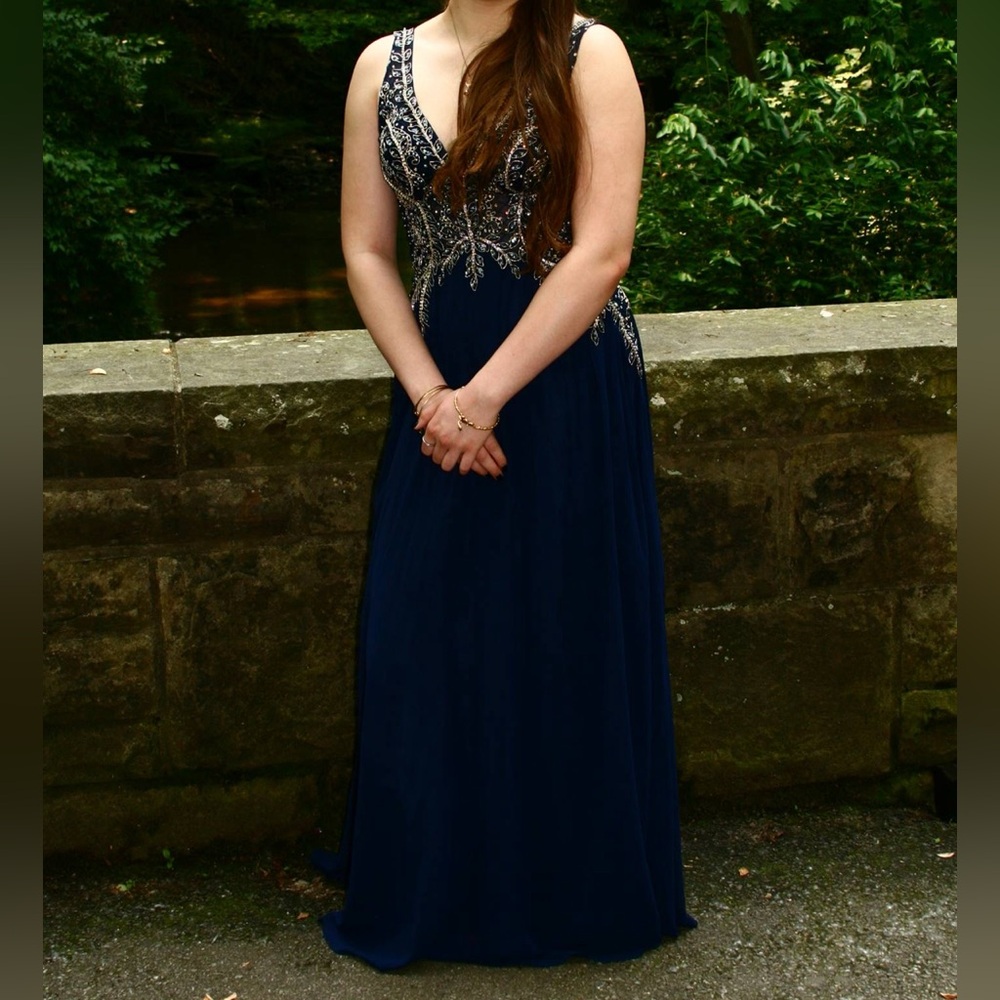 Elegant Navy Blue Evening Gown with Gold Embellishments